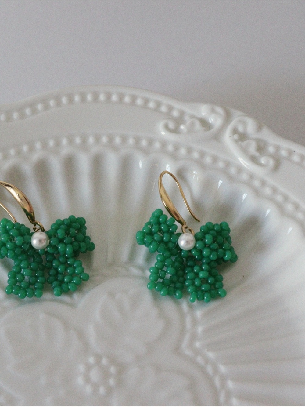 Handmade Jade-Green Beaded Bow Drop Earrings with Pearl Accent